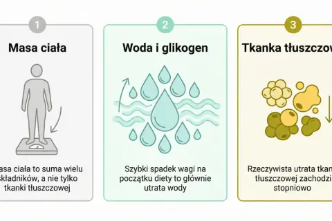 Trzy etapy utraty wagi: masa ciała, woda i glikogen, tkanka tłuszczowa. Realna utrata tkanki tłuszczowej to proces stopniowy, a nie szybki spadek.