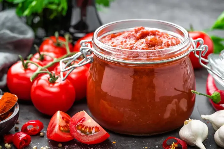 Słoik domowego sosu z przecieru pomidorowego, obok świeże pomidory, czosnek i papryczki chili. Idealny przepis, jak zrobić sos z przecieru pomidorowego.