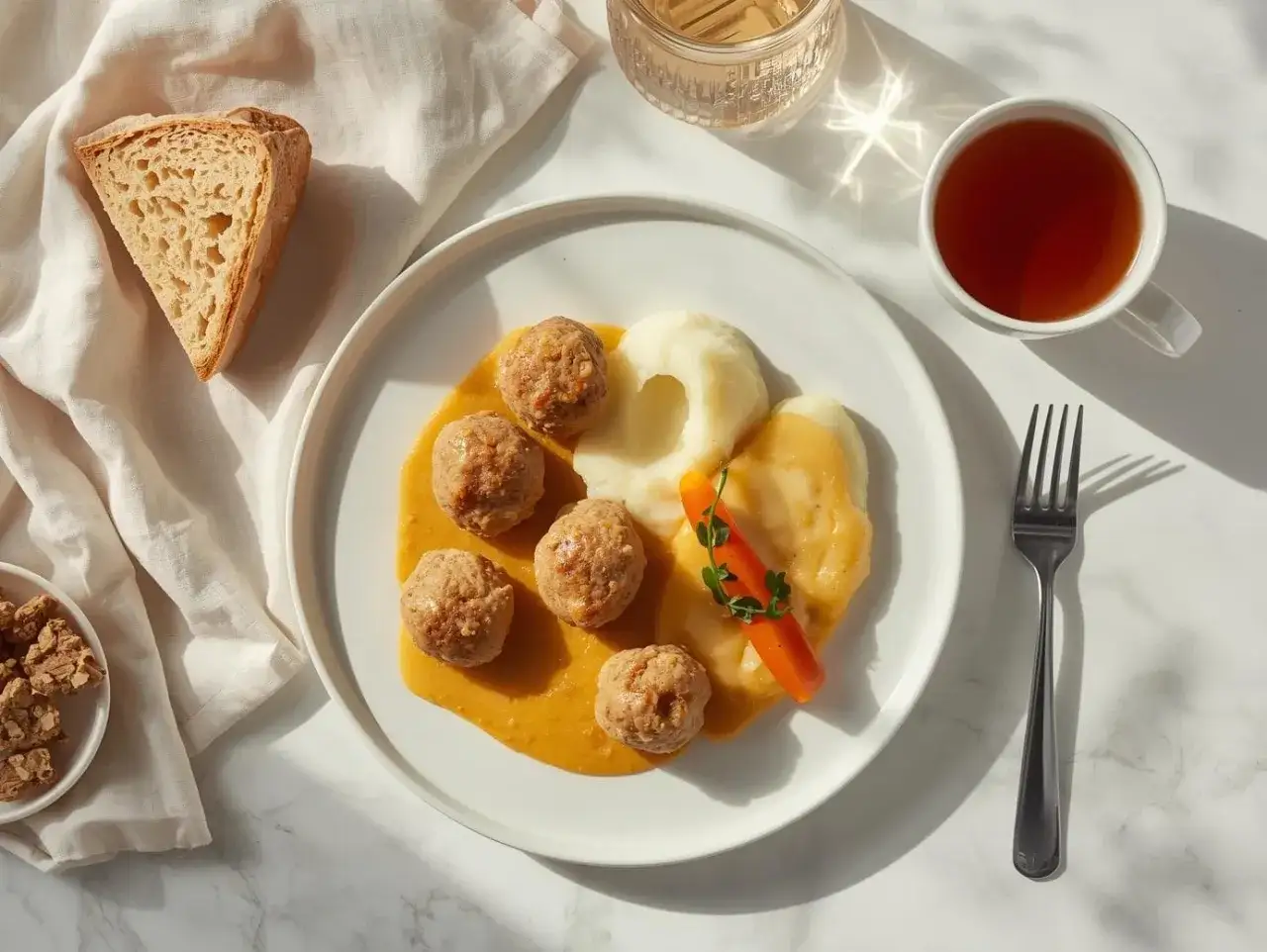 Lekkostrawne klopsiki z puree ziemniaczanym i sosem, podane z chlebem i herbatą. Idealne danie, gdy zastanawiasz się, co jeść lekkostrawnego.